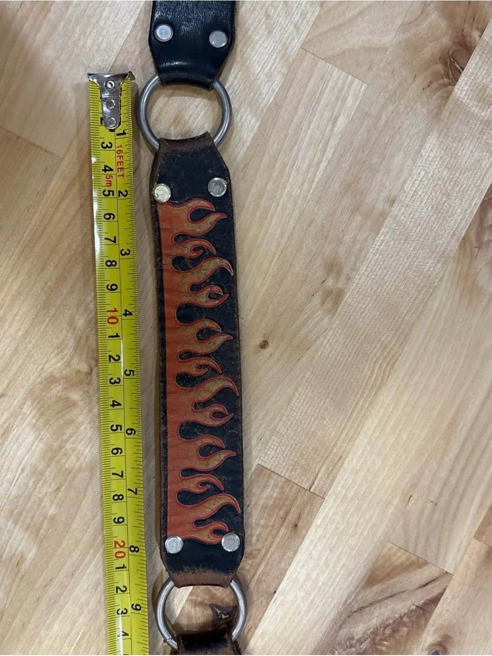 Vintage Flame Black Leather Belt 29-34 metal o-rings worn in